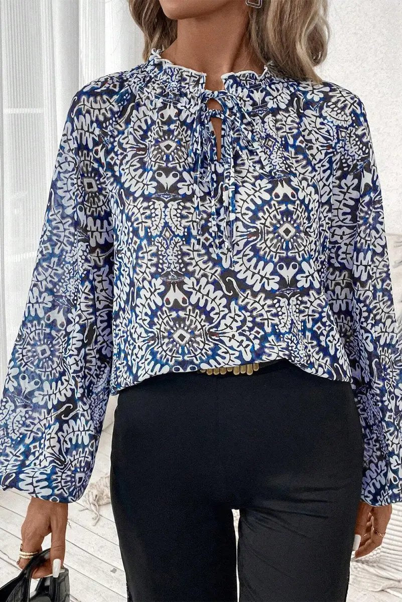 Blue Tribal Print Lace-up Frilled Neck Puff Sleeve Blouse - Love Salve